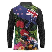 New Zealand Christmas Long Sleeve Polo Shirt Meri Kirihimete-Tuatara and Pohutukawa Black Color LT03 - Polynesian Pride