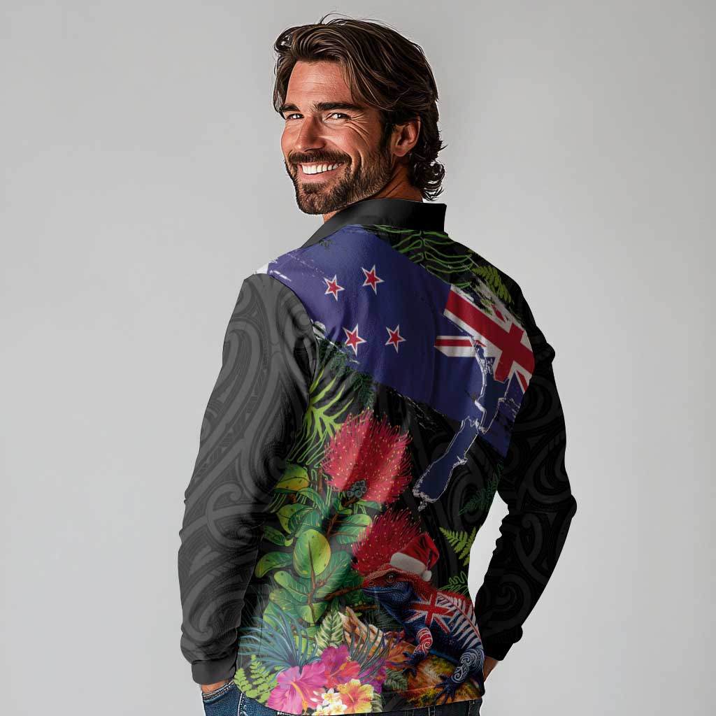 New Zealand Christmas Long Sleeve Polo Shirt Meri Kirihimete-Tuatara and Pohutukawa Black Color LT03 - Polynesian Pride