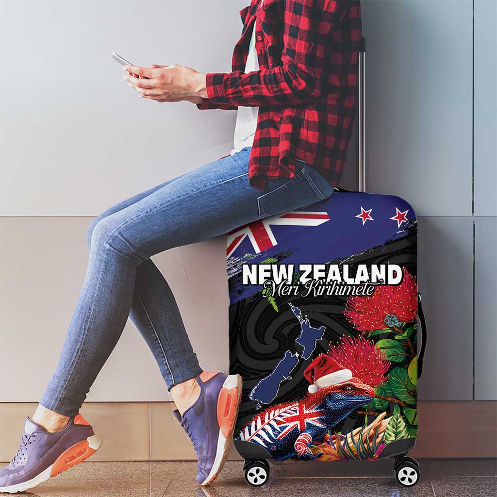 New Zealand Christmas Luggage Cover Meri Kirihimete-Tuatara and Pohutukawa Black Color
