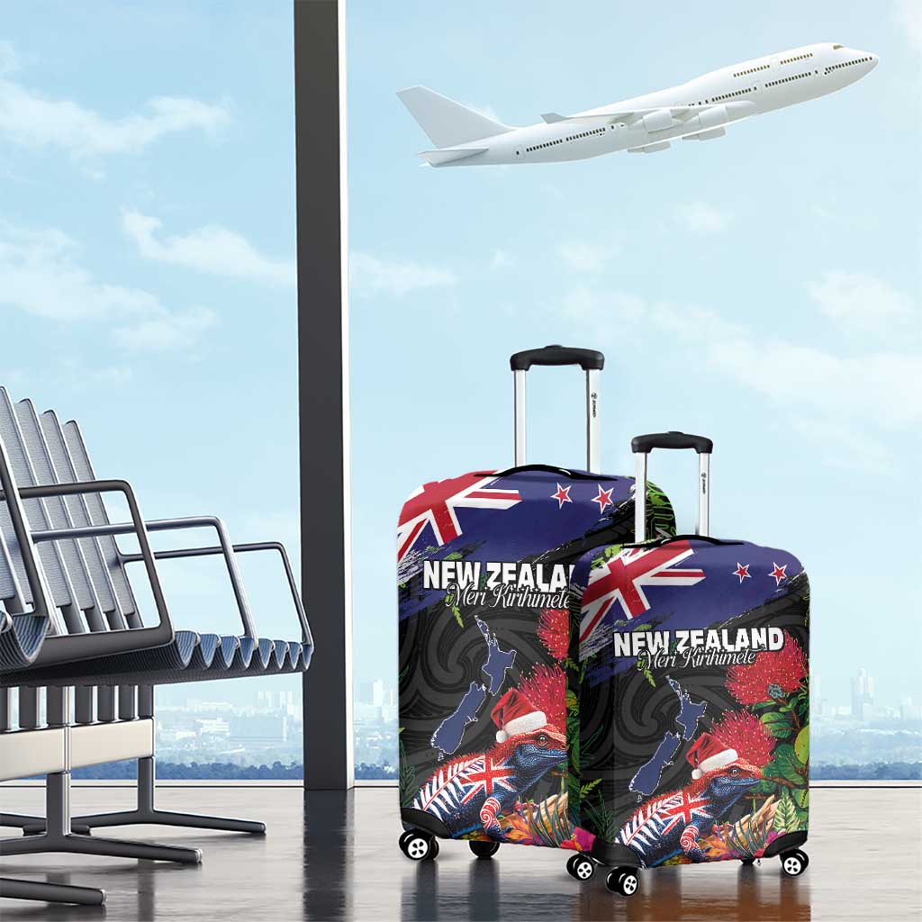 New Zealand Christmas Luggage Cover Meri Kirihimete-Tuatara and Pohutukawa Black Color