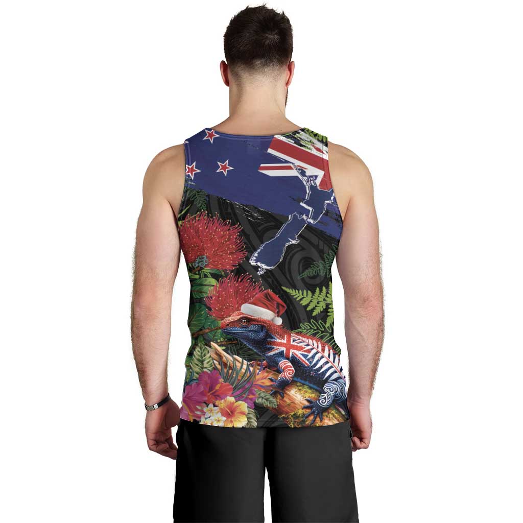 New Zealand Christmas Men Tank Top Meri Kirihimete-Tuatara and Pohutukawa Black Color LT03 - Polynesian Pride