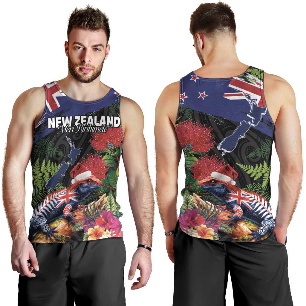 New Zealand Christmas Men Tank Top Meri Kirihimete-Tuatara and Pohutukawa Black Color LT03 - Polynesian Pride