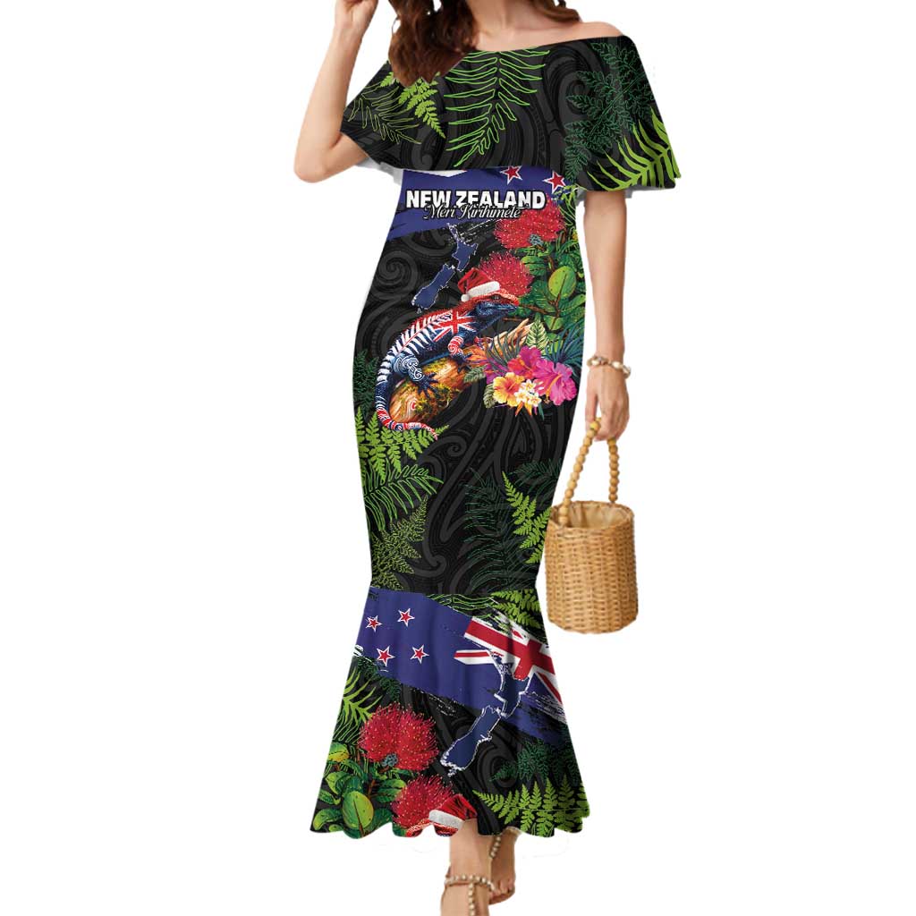 New Zealand Christmas Mermaid Dress Meri Kirihimete-Tuatara and Pohutukawa Black Color LT03 Women Black - Polynesian Pride
