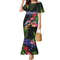New Zealand Christmas Mermaid Dress Meri Kirihimete-Tuatara and Pohutukawa Black Color LT03 Women Black - Polynesian Pride