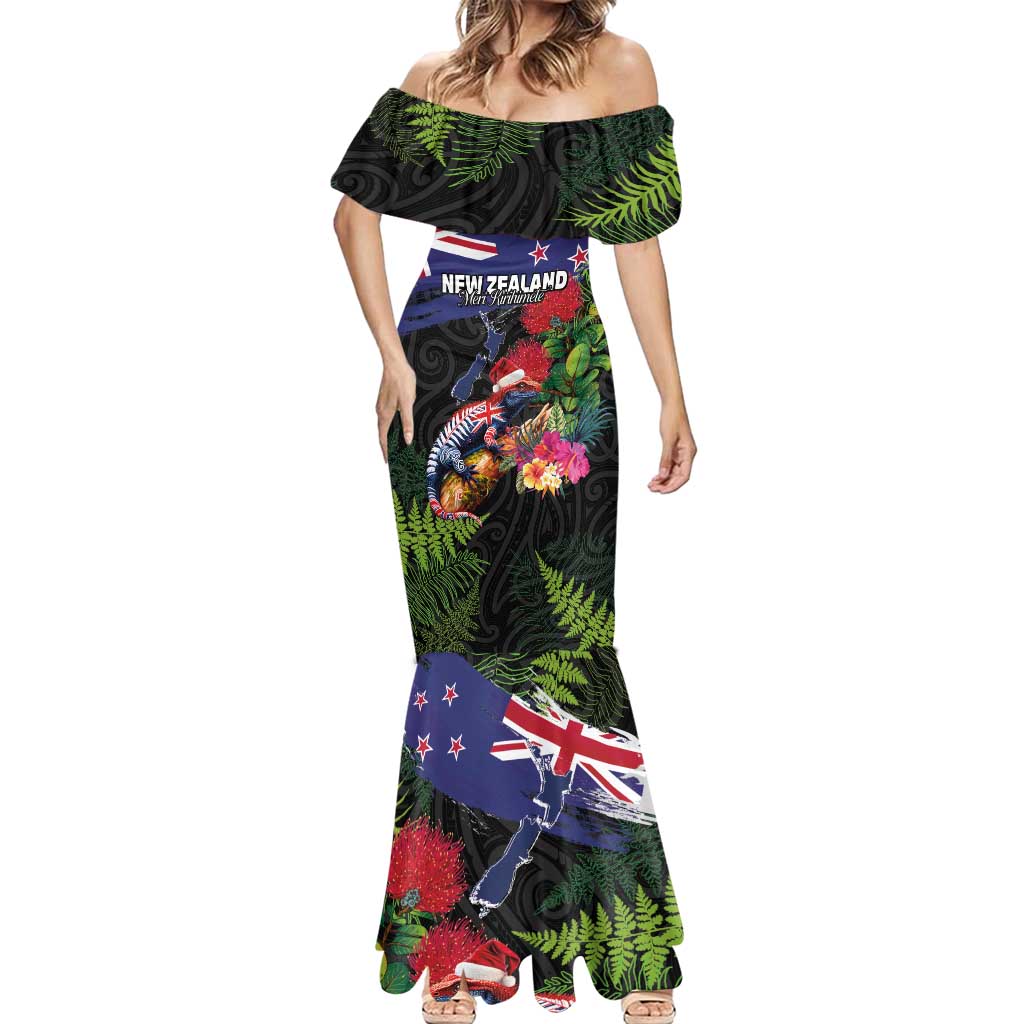 New Zealand Christmas Mermaid Dress Meri Kirihimete-Tuatara and Pohutukawa Black Color LT03 - Polynesian Pride