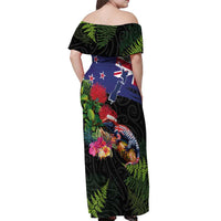 New Zealand Christmas Off Shoulder Maxi Dress Meri Kirihimete-Tuatara and Pohutukawa Black Color LT03 - Polynesian Pride