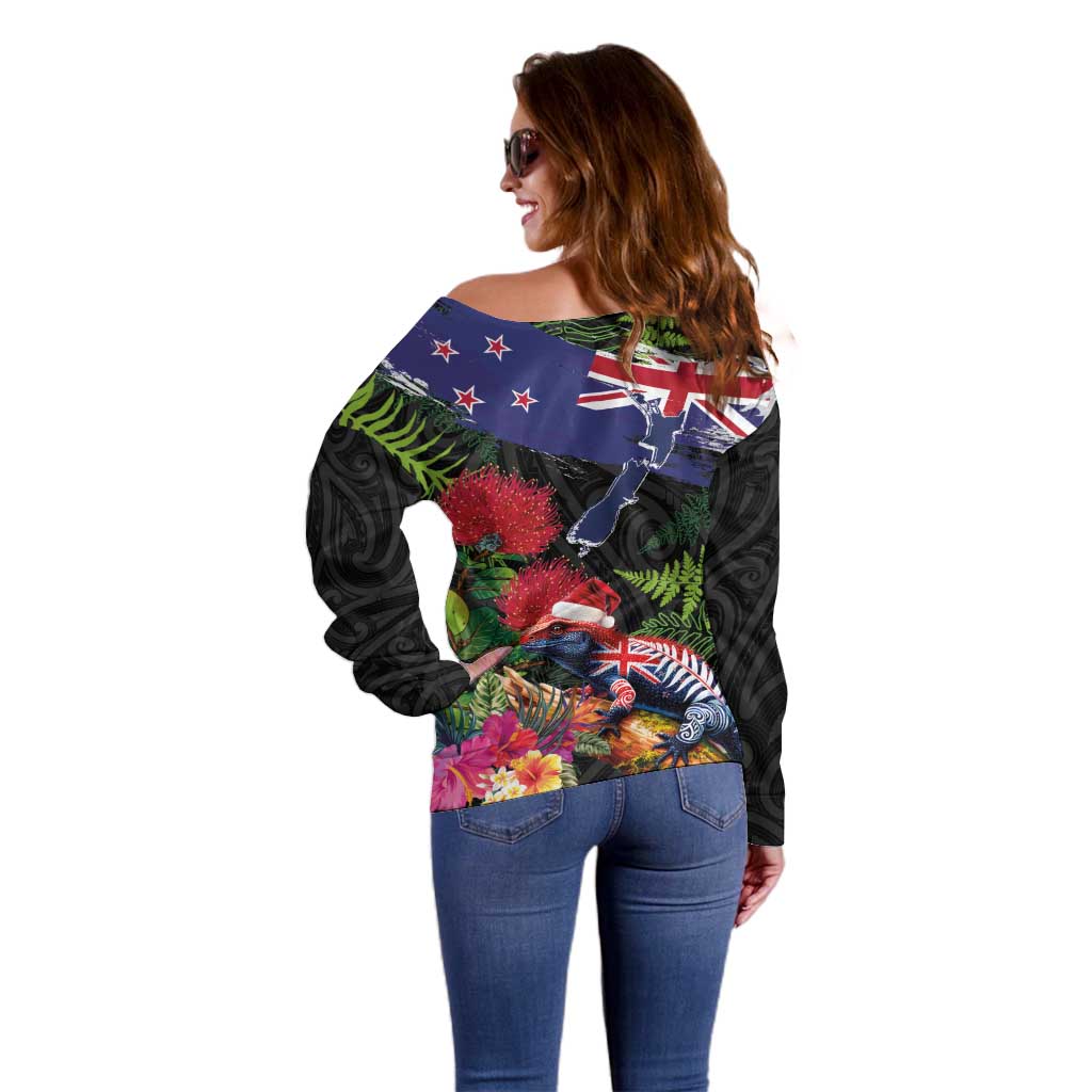 New Zealand Christmas Off Shoulder Sweater Meri Kirihimete-Tuatara and Pohutukawa Black Color LT03 - Polynesian Pride