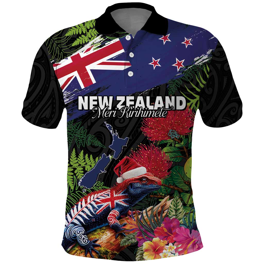 New Zealand Christmas Polo Shirt Meri Kirihimete-Tuatara and Pohutukawa Black Color LT03 Black - Polynesian Pride