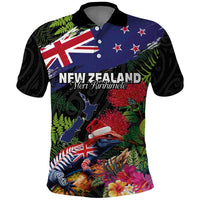 New Zealand Christmas Polo Shirt Meri Kirihimete-Tuatara and Pohutukawa Black Color LT03 Black - Polynesian Pride