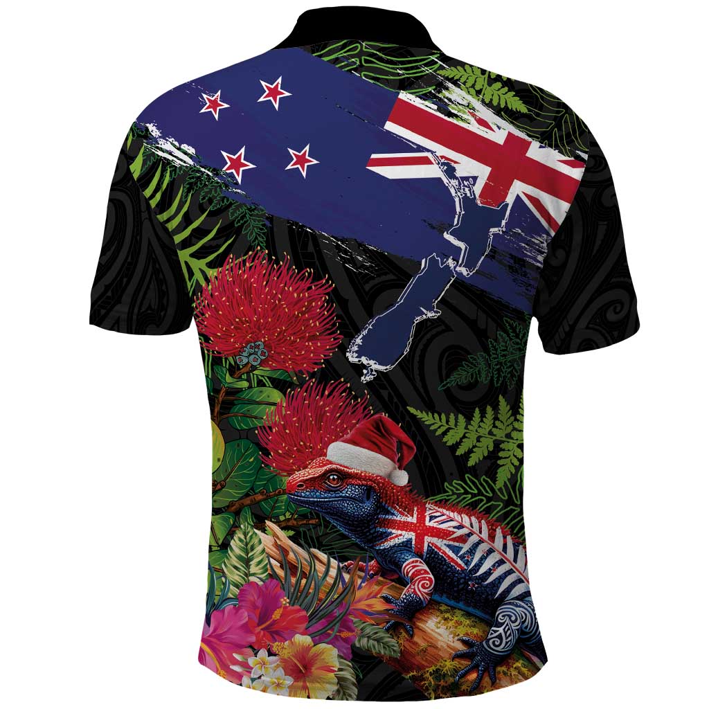 New Zealand Christmas Polo Shirt Meri Kirihimete-Tuatara and Pohutukawa Black Color LT03 - Polynesian Pride