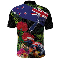 New Zealand Christmas Polo Shirt Meri Kirihimete-Tuatara and Pohutukawa Black Color LT03 - Polynesian Pride