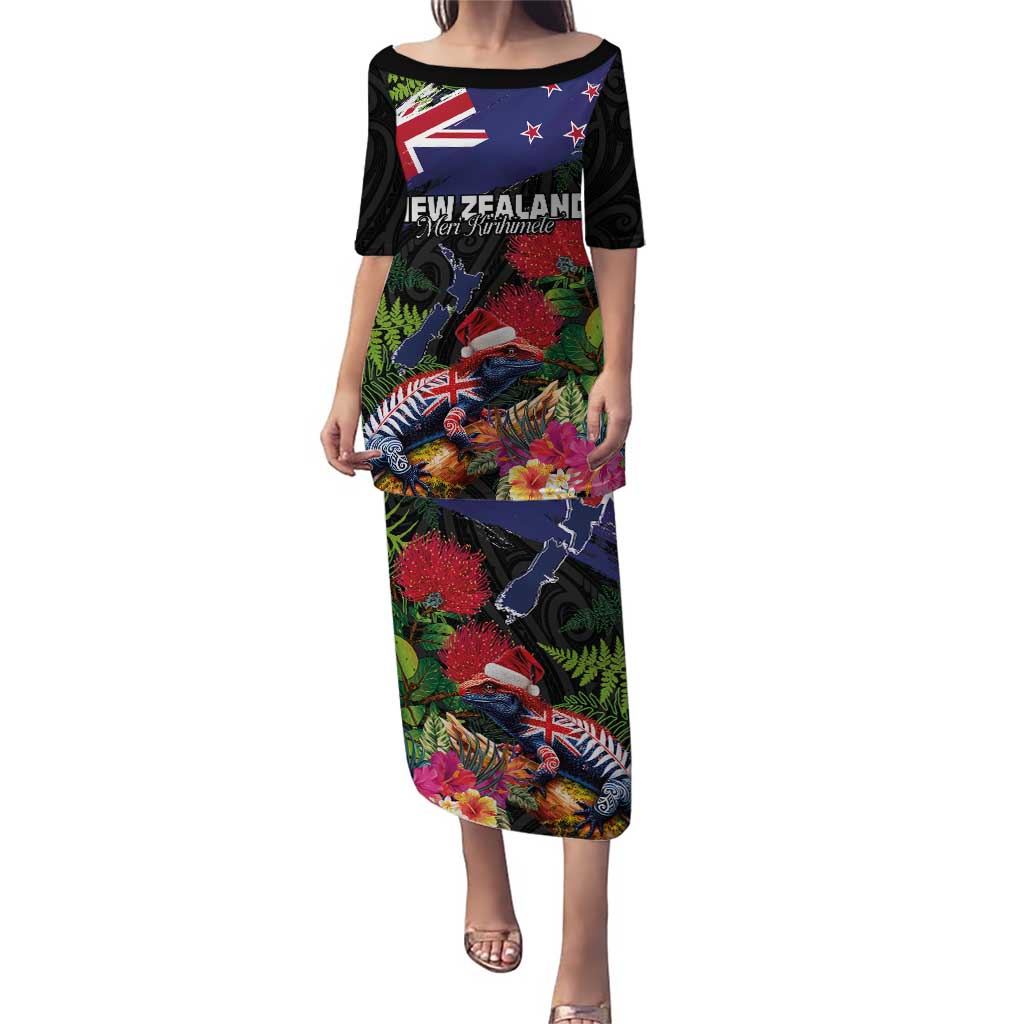 New Zealand Christmas Puletasi Meri Kirihimete-Tuatara and Pohutukawa Black Color