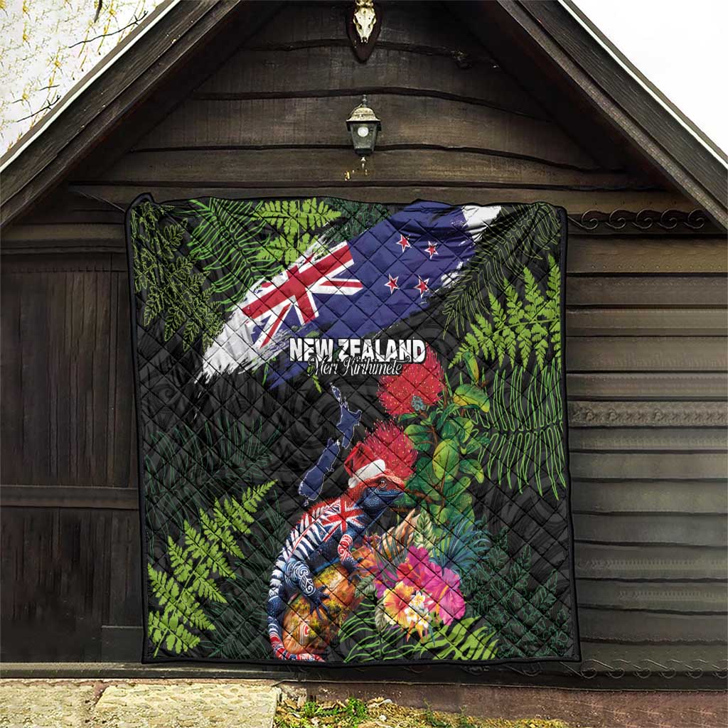New Zealand Christmas Quilt Meri Kirihimete-Tuatara and Pohutukawa Black Color LT03 - Polynesian Pride
