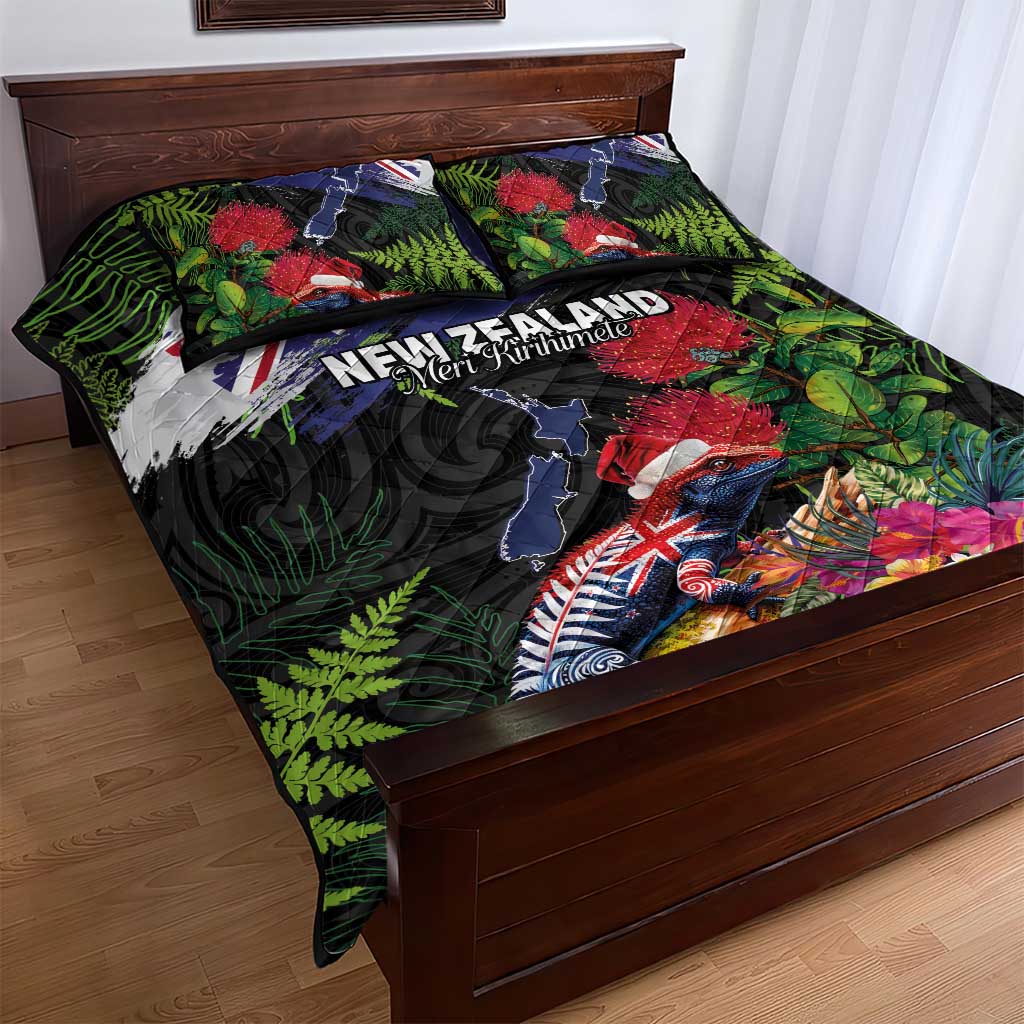 New Zealand Christmas Quilt Bed Set Meri Kirihimete-Tuatara and Pohutukawa Black Color LT03 - Polynesian Pride
