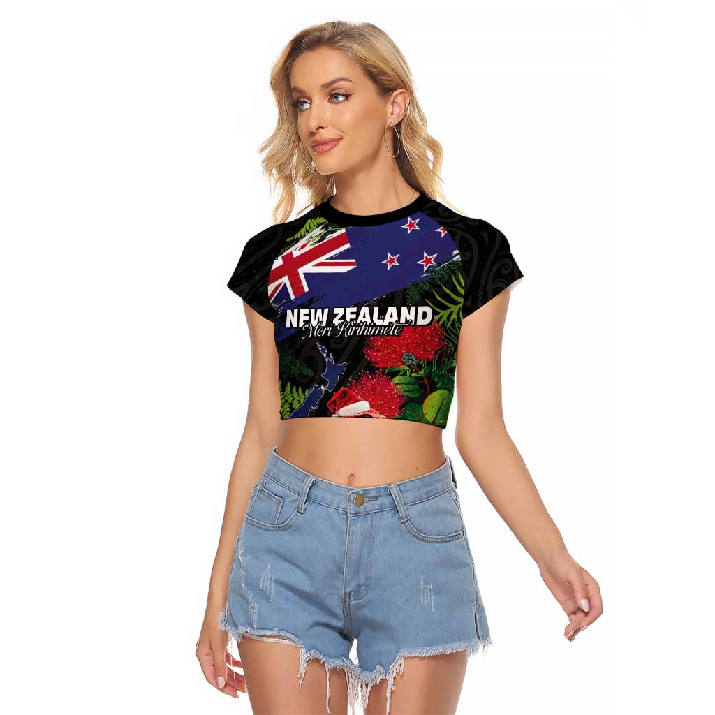 New Zealand Christmas Raglan Cropped T Shirt Meri Kirihimete-Tuatara and Pohutukawa Black Color LT03 Female Black - Polynesian Pride