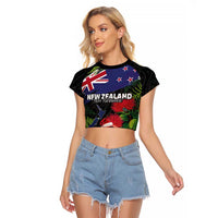 New Zealand Christmas Raglan Cropped T Shirt Meri Kirihimete-Tuatara and Pohutukawa Black Color LT03 Female Black - Polynesian Pride