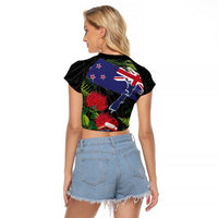 New Zealand Christmas Raglan Cropped T Shirt Meri Kirihimete-Tuatara and Pohutukawa Black Color LT03 - Polynesian Pride