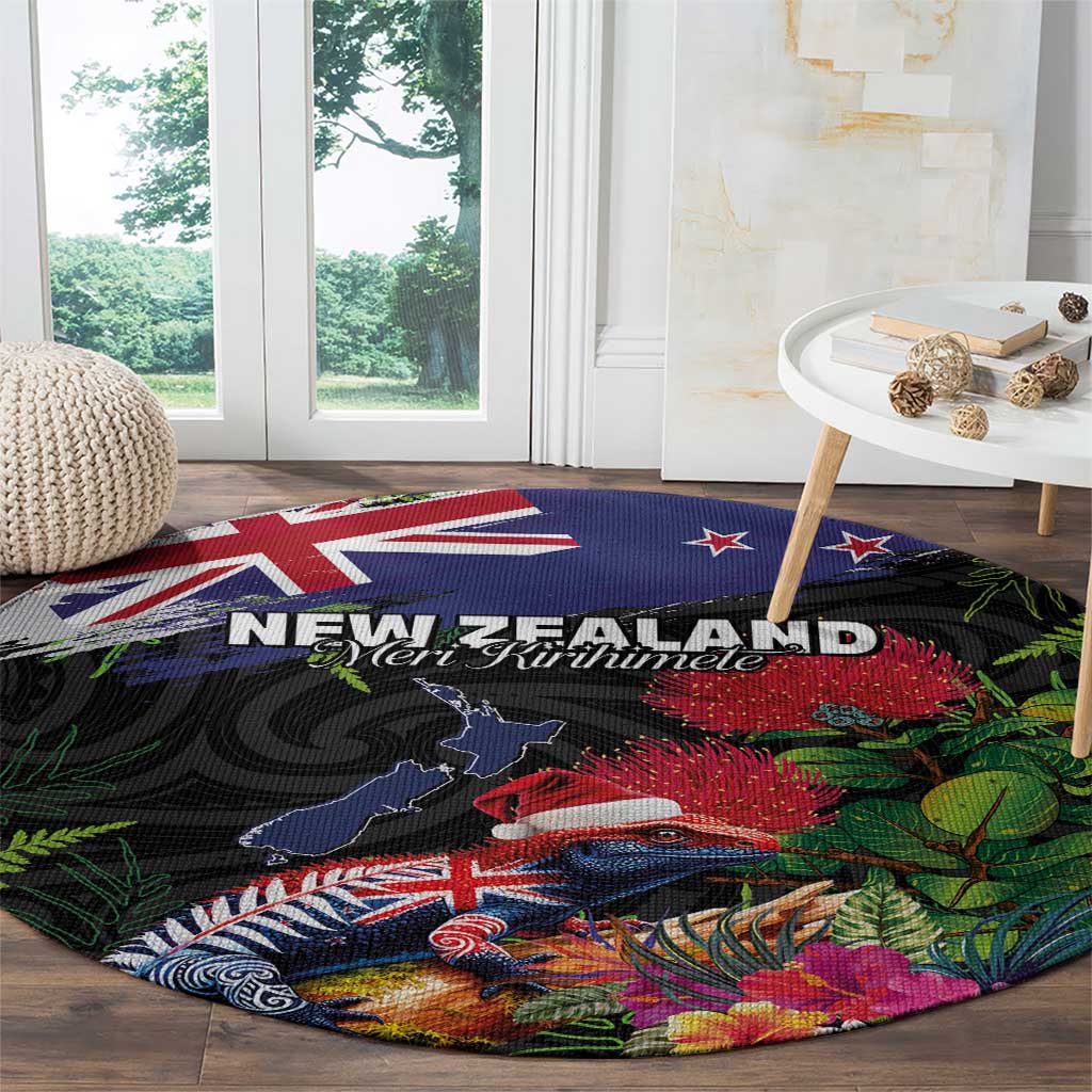 New Zealand Christmas Round Carpet Meri Kirihimete-Tuatara and Pohutukawa Black Color LT03 - Polynesian Pride