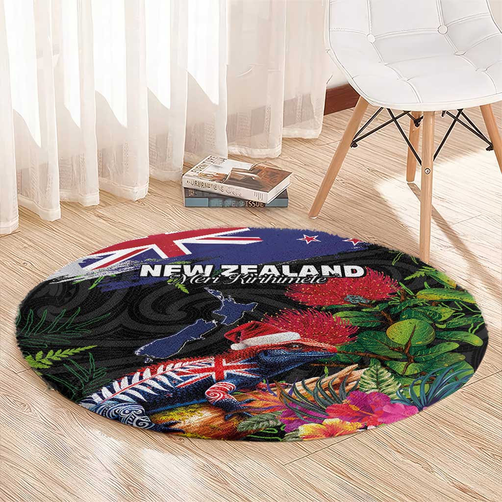 New Zealand Christmas Round Carpet Meri Kirihimete-Tuatara and Pohutukawa Black Color LT03 - Polynesian Pride