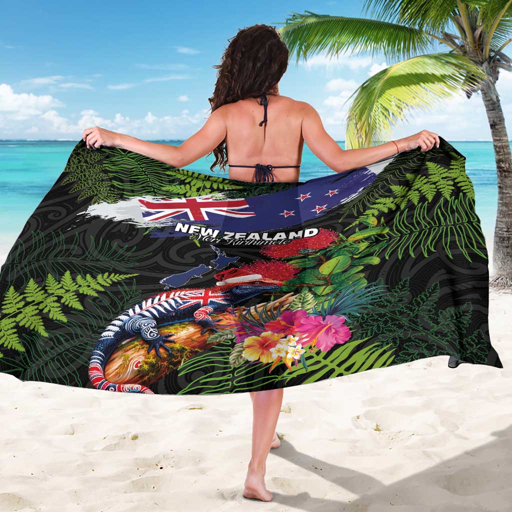 New Zealand Christmas Sarong Meri Kirihimete-Tuatara and Pohutukawa Black Color LT03 - Polynesian Pride