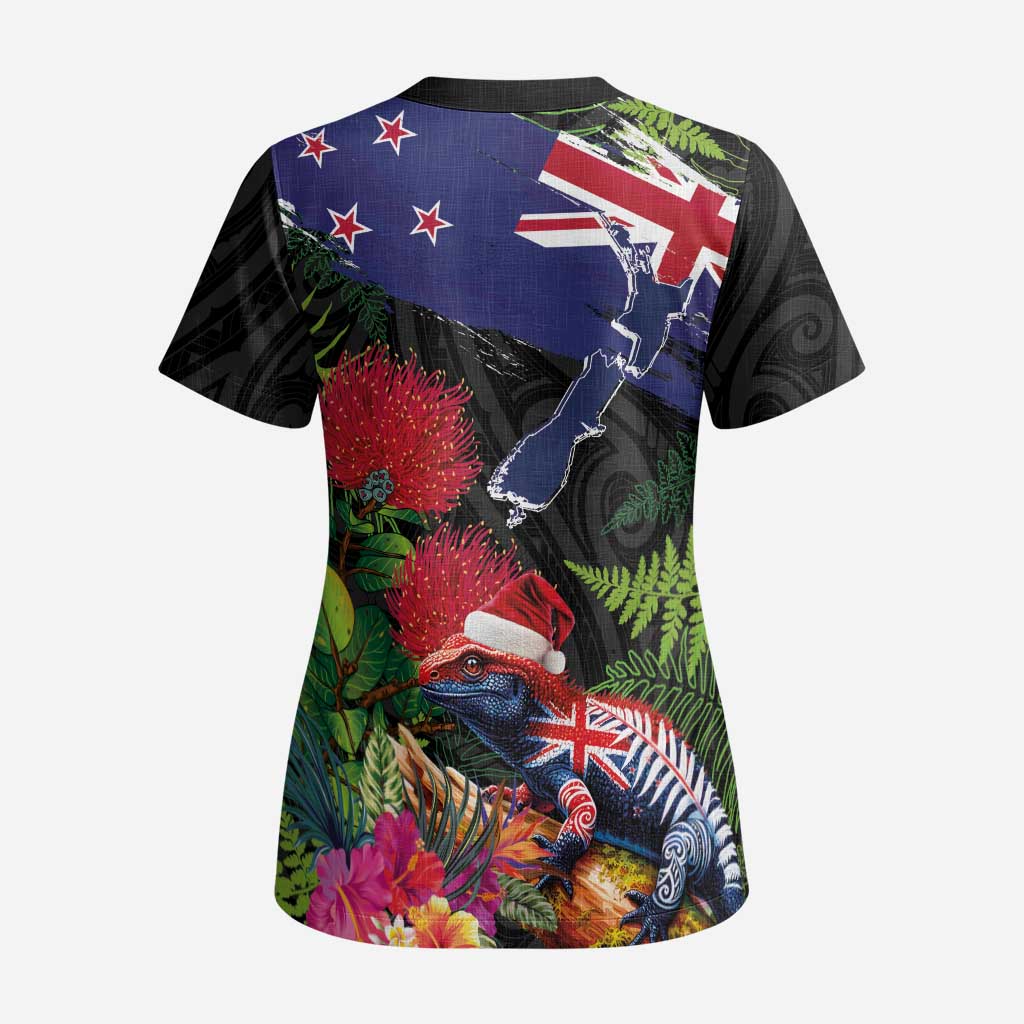 New Zealand Christmas Scrub Top Meri Kirihimete-Tuatara and Pohutukawa Black Color LT03 - Polynesian Pride