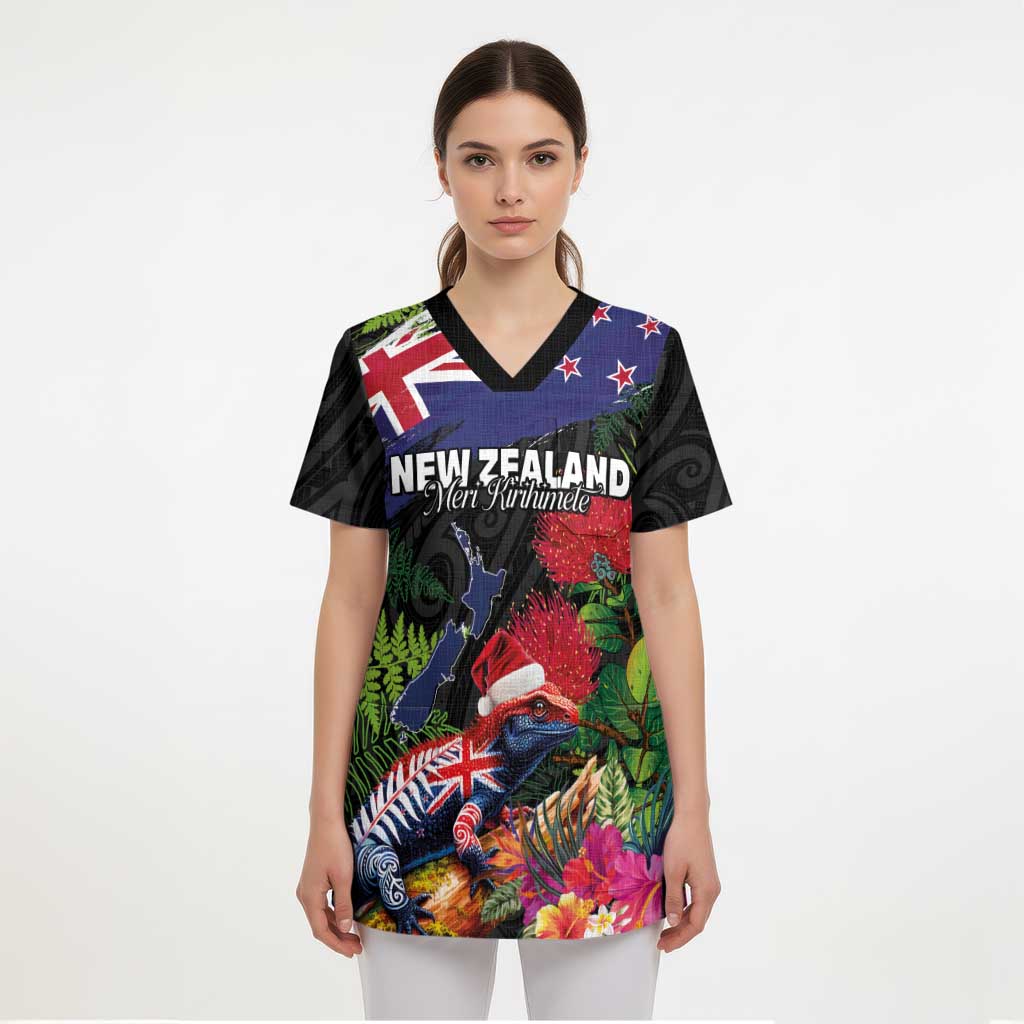 New Zealand Christmas Scrub Top Meri Kirihimete-Tuatara and Pohutukawa Black Color LT03 - Polynesian Pride