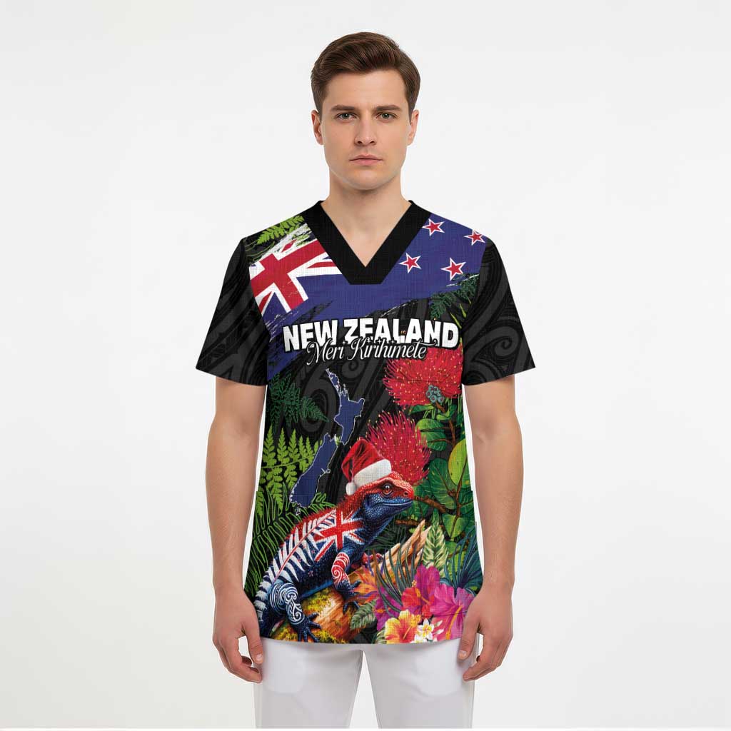 New Zealand Christmas Scrub Top Meri Kirihimete-Tuatara and Pohutukawa Black Color LT03 - Polynesian Pride