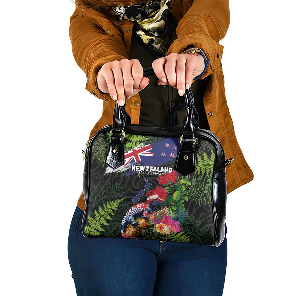 New Zealand Christmas Shoulder Handbag Meri Kirihimete-Tuatara and Pohutukawa Black Color LT03 One Size Black - Polynesian Pride