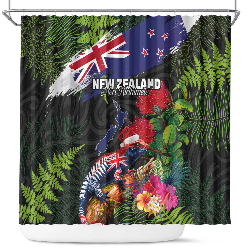 New Zealand Christmas Shower Curtain Meri Kirihimete-Tuatara and Pohutukawa Black Color LT03 Black - Polynesian Pride