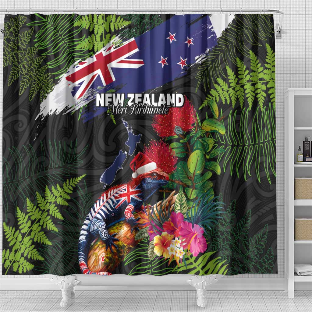 New Zealand Christmas Shower Curtain Meri Kirihimete-Tuatara and Pohutukawa Black Color LT03 - Polynesian Pride