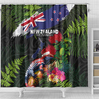 New Zealand Christmas Shower Curtain Meri Kirihimete-Tuatara and Pohutukawa Black Color LT03 - Polynesian Pride