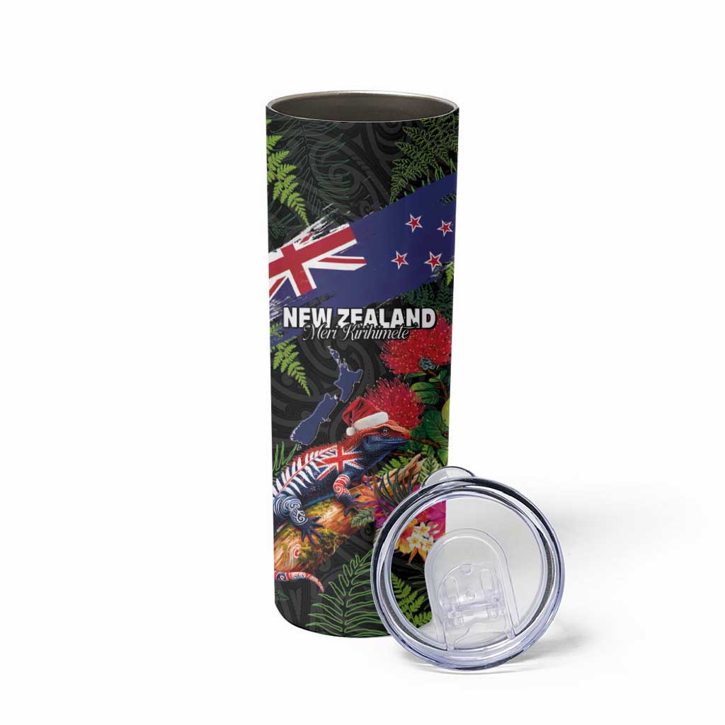 New Zealand Christmas Skinny Tumbler Meri Kirihimete-Tuatara and Pohutukawa Black Color LT03 - Polynesian Pride