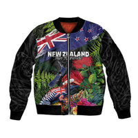 New Zealand Christmas Sleeve Zip Bomber Jacket Meri Kirihimete-Tuatara and Pohutukawa Black Color LT03 Unisex Black - Polynesian Pride
