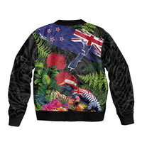 New Zealand Christmas Sleeve Zip Bomber Jacket Meri Kirihimete-Tuatara and Pohutukawa Black Color LT03 - Polynesian Pride