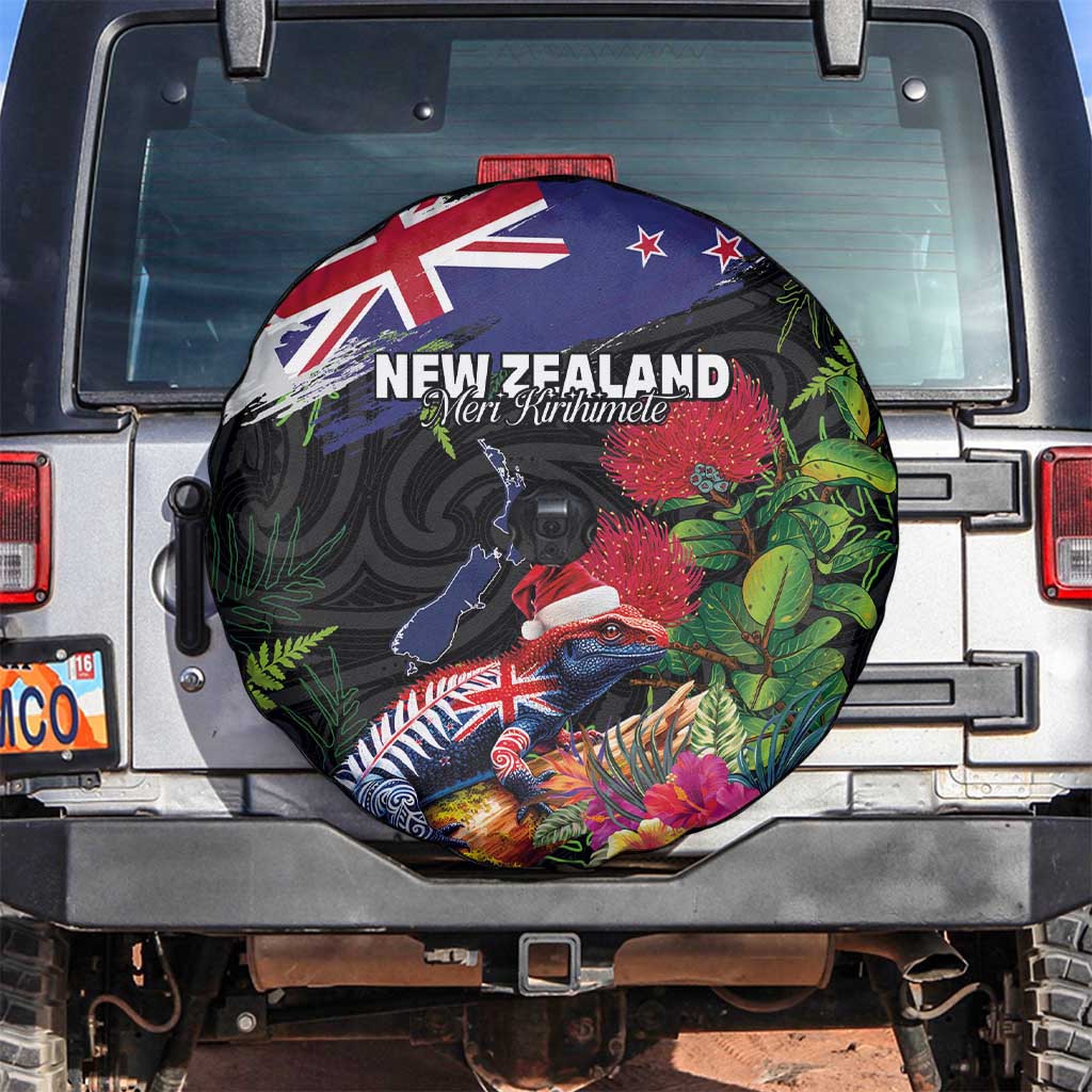New Zealand Christmas Spare Tire Cover Meri Kirihimete-Tuatara and Pohutukawa Black Color LT03 Black - Polynesian Pride