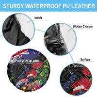 New Zealand Christmas Spare Tire Cover Meri Kirihimete-Tuatara and Pohutukawa Black Color LT03 - Polynesian Pride