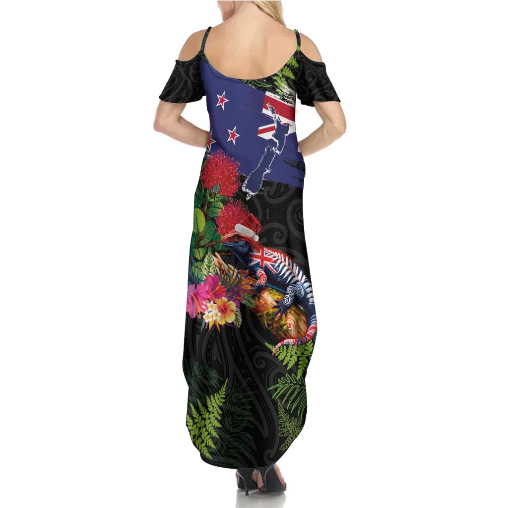New Zealand Christmas Summer Maxi Dress Meri Kirihimete-Tuatara and Pohutukawa Black Color LT03 - Polynesian Pride