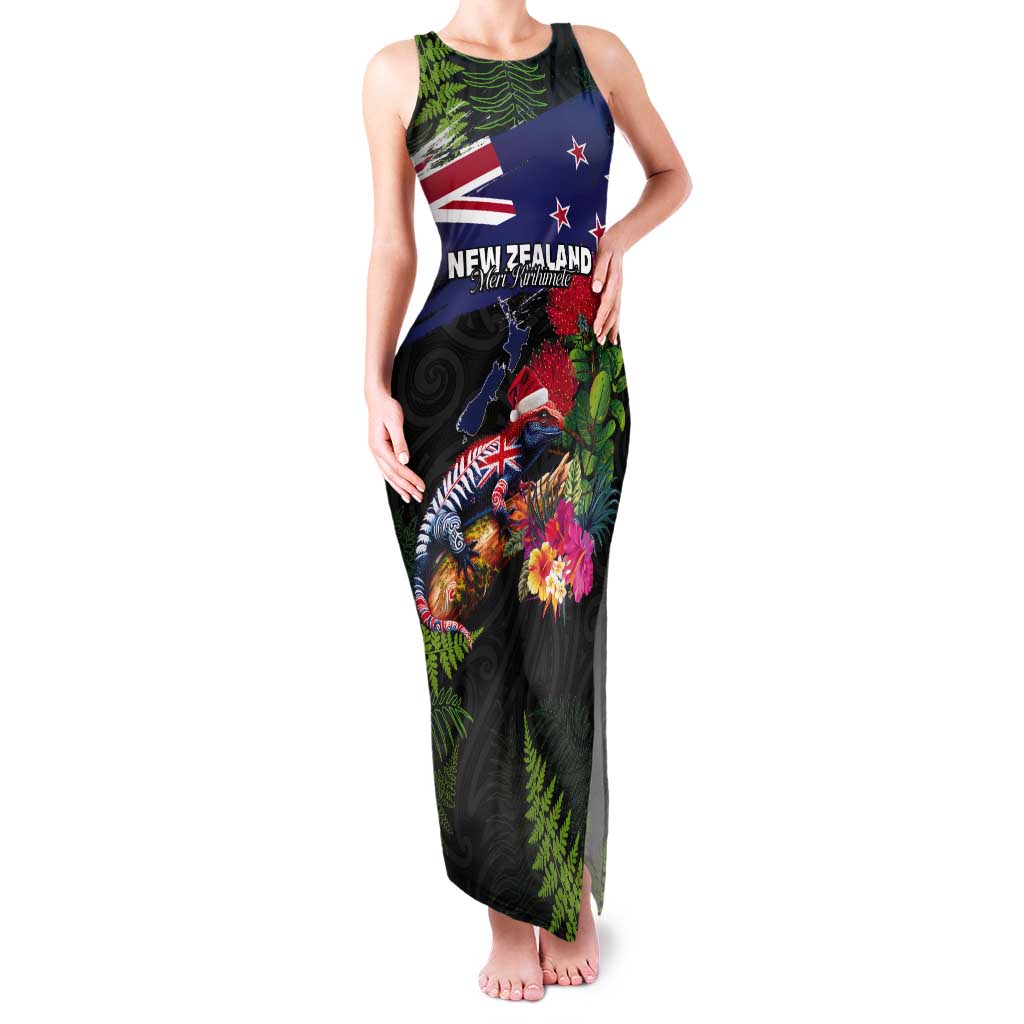 New Zealand Christmas Tank Maxi Dress Meri Kirihimete-Tuatara and Pohutukawa Black Color LT03 Women Black - Polynesian Pride