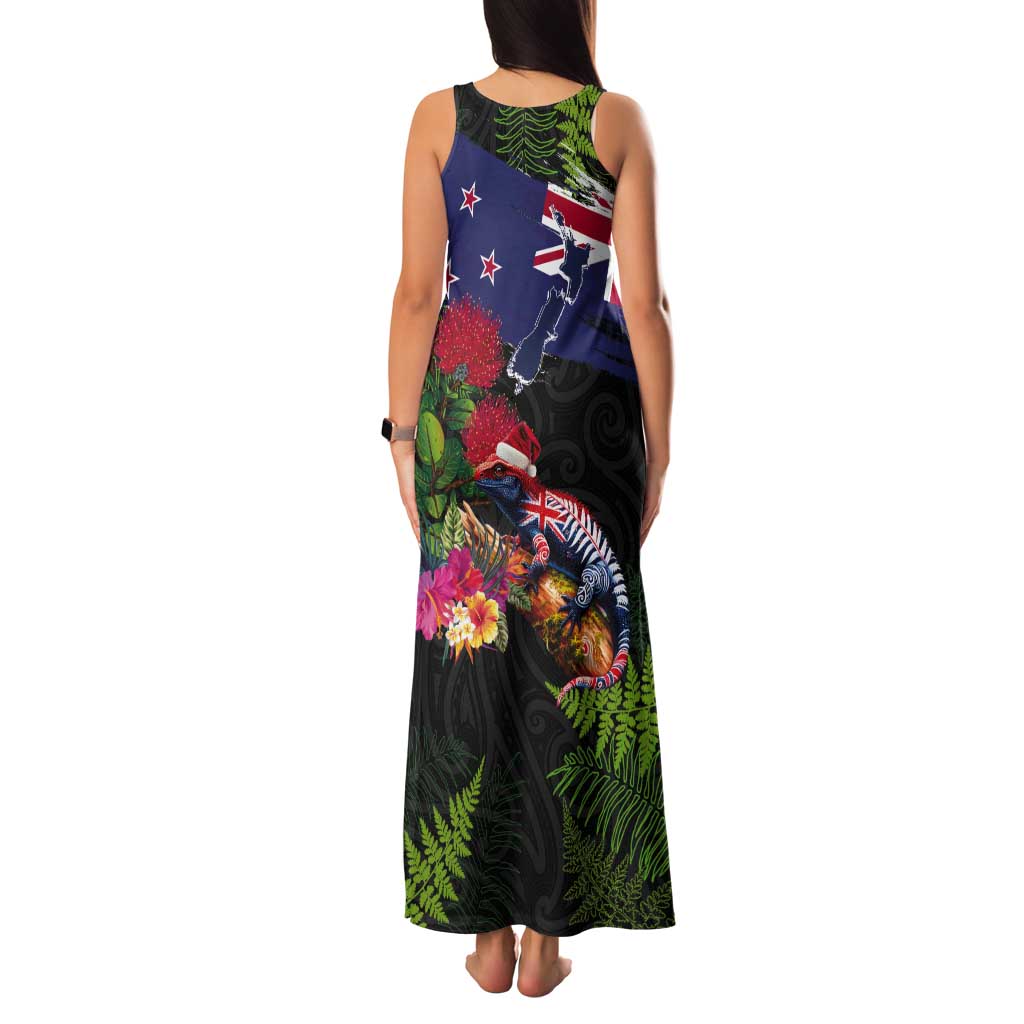 New Zealand Christmas Tank Maxi Dress Meri Kirihimete-Tuatara and Pohutukawa Black Color LT03 - Polynesian Pride