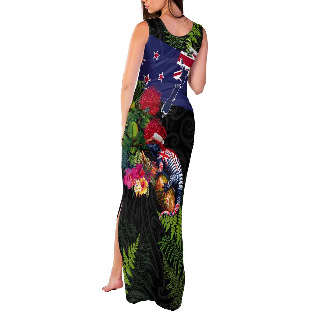 New Zealand Christmas Tank Maxi Dress Meri Kirihimete-Tuatara and Pohutukawa Black Color LT03 - Polynesian Pride
