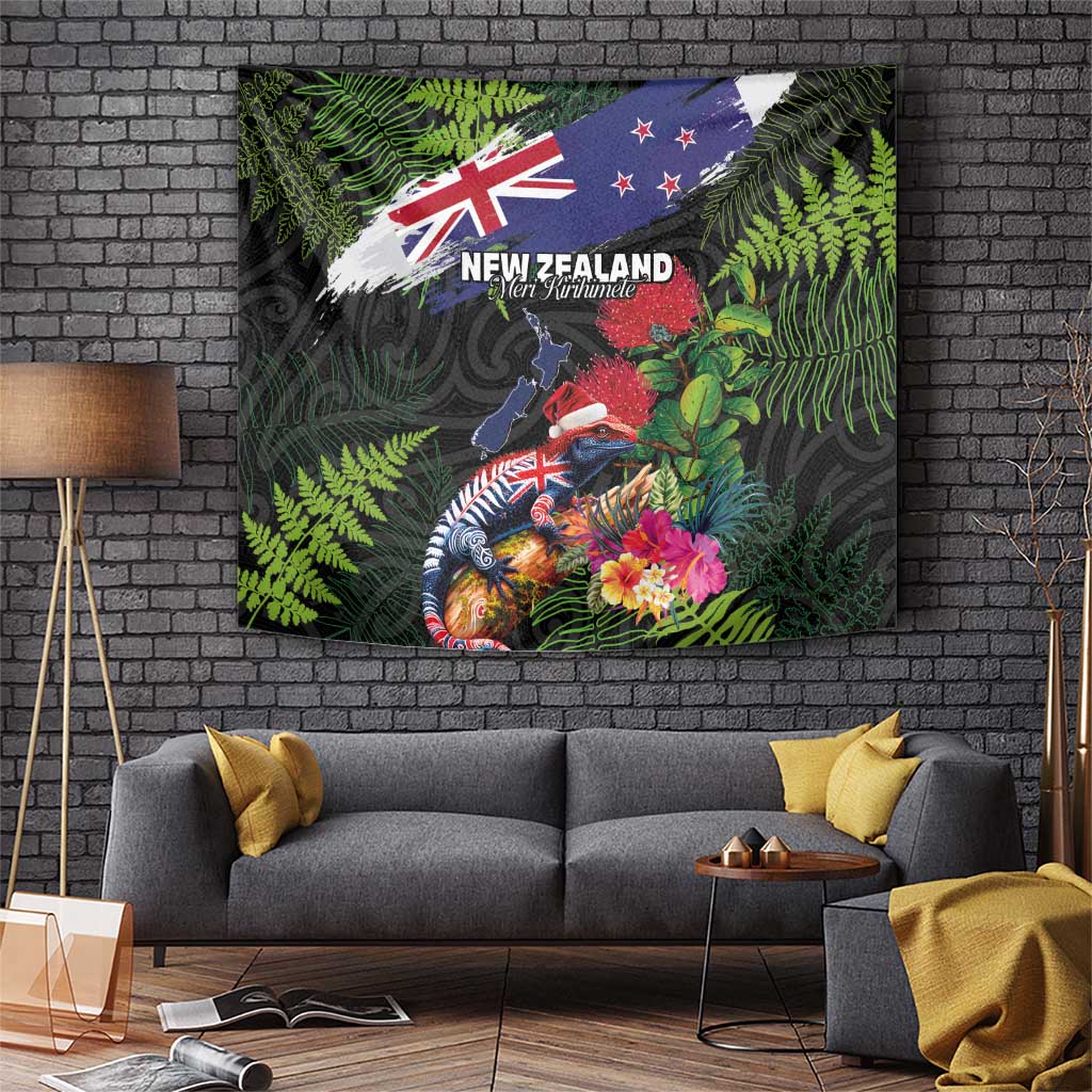 New Zealand Christmas Tapestry Meri Kirihimete-Tuatara and Pohutukawa Black Color LT03 Black - Polynesian Pride