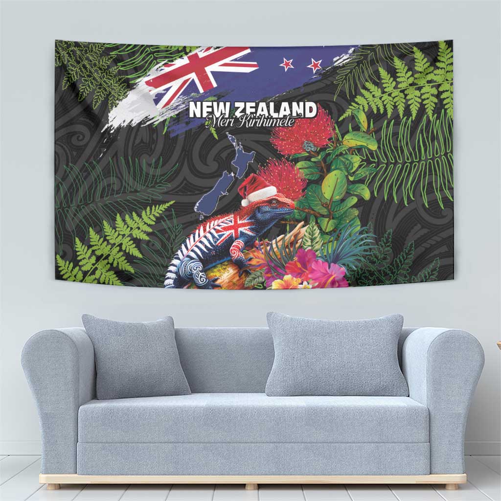 New Zealand Christmas Tapestry Meri Kirihimete-Tuatara and Pohutukawa Black Color LT03 - Polynesian Pride