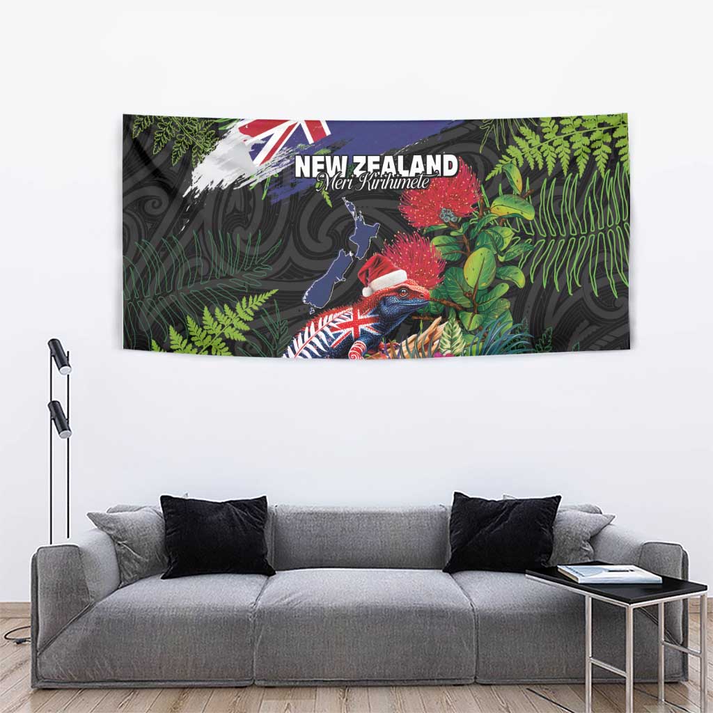 New Zealand Christmas Tapestry Meri Kirihimete-Tuatara and Pohutukawa Black Color LT03 - Polynesian Pride