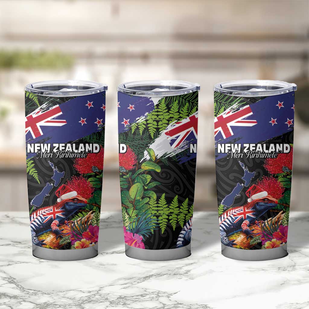 New Zealand Christmas Tumbler Cup Meri Kirihimete-Tuatara and Pohutukawa Black Color LT03 - Polynesian Pride