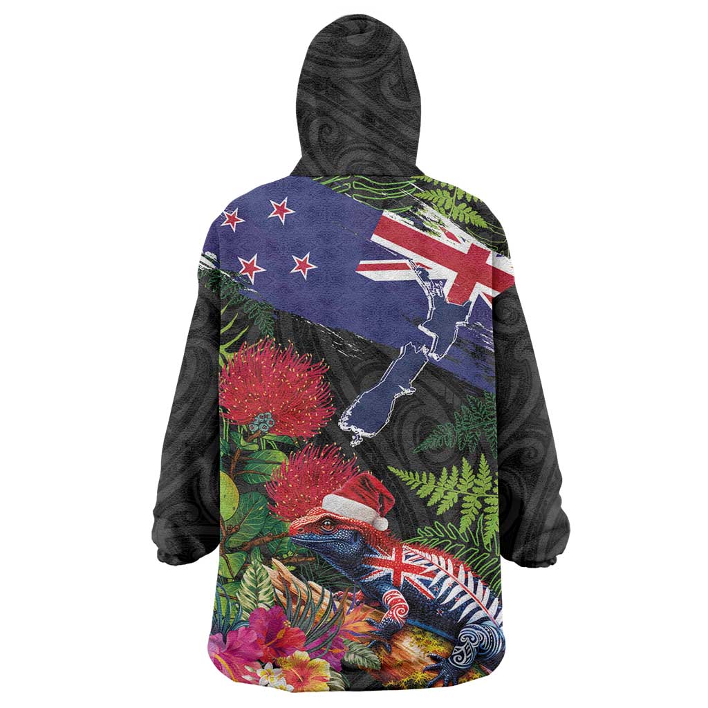 New Zealand Christmas Wearable Blanket Hoodie Meri Kirihimete-Tuatara and Pohutukawa Black Color LT03 - Polynesian Pride