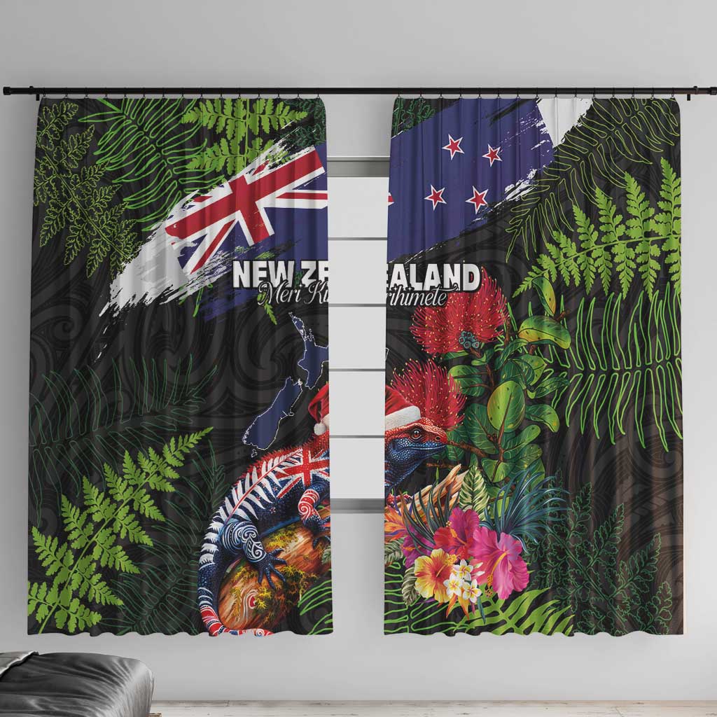 New Zealand Christmas Window Curtain Meri Kirihimete-Tuatara and Pohutukawa Black Color LT03 With Hooks Black - Polynesian Pride