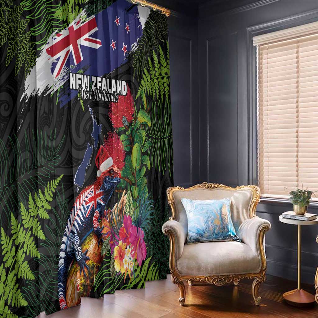 New Zealand Christmas Window Curtain Meri Kirihimete-Tuatara and Pohutukawa Black Color LT03 - Polynesian Pride