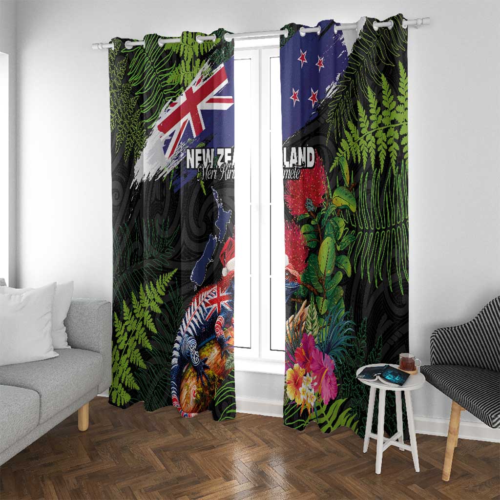 New Zealand Christmas Window Curtain Meri Kirihimete-Tuatara and Pohutukawa Black Color LT03 With Grommets Black - Polynesian Pride