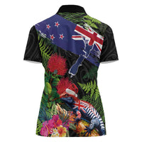 New Zealand Christmas Women Polo Shirt Meri Kirihimete-Tuatara and Pohutukawa Black Color LT03 - Polynesian Pride