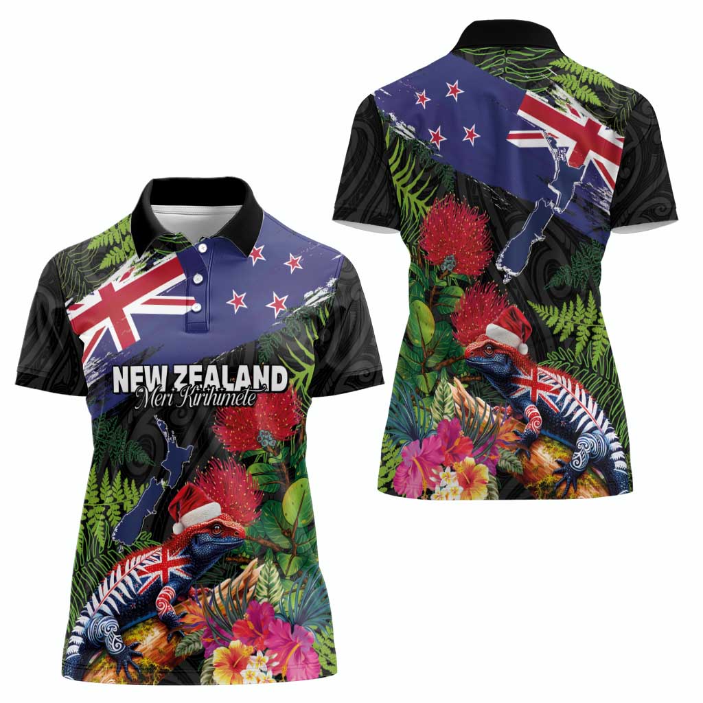 New Zealand Christmas Women Polo Shirt Meri Kirihimete-Tuatara and Pohutukawa Black Color LT03 - Polynesian Pride